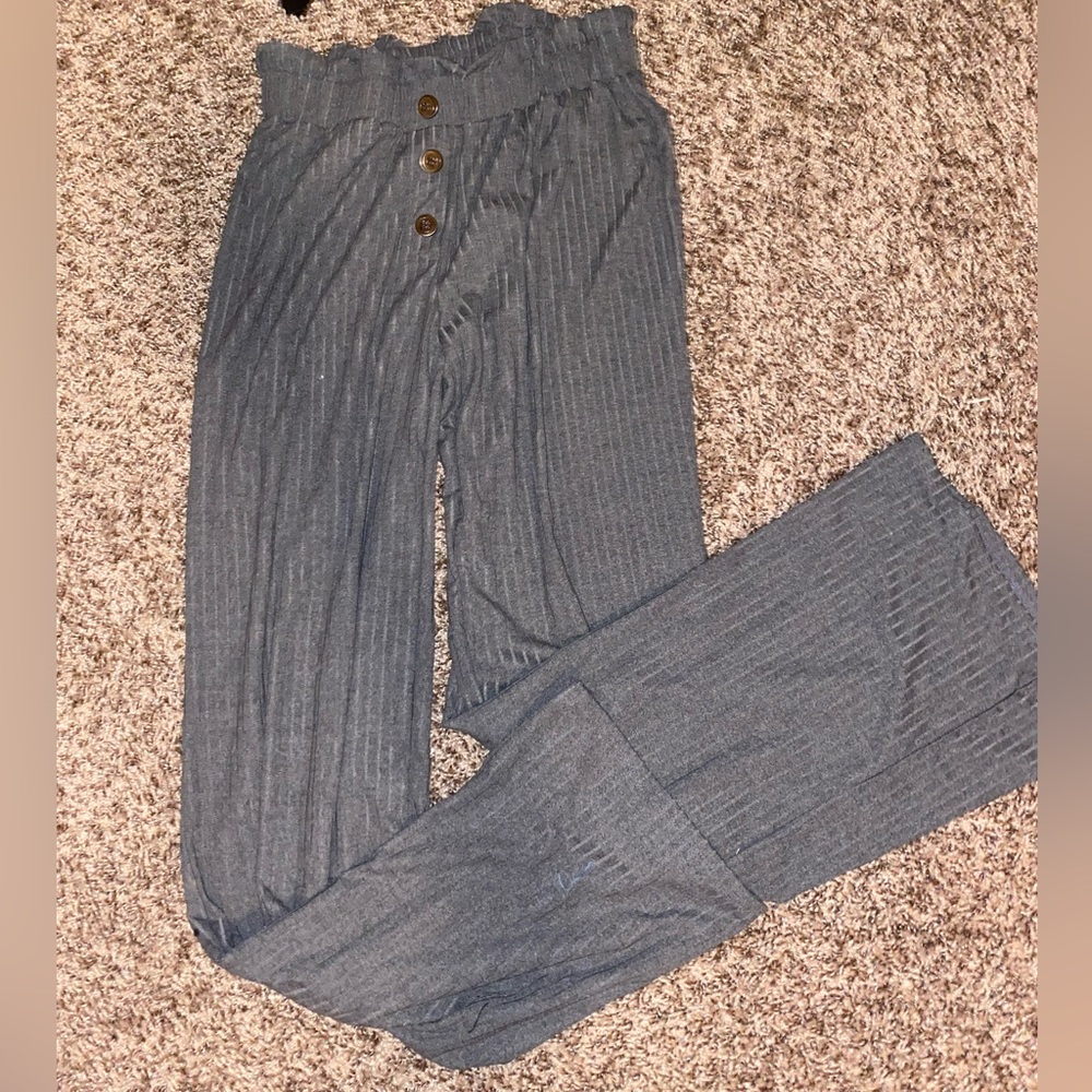 Gray Ribbed Palazzo Pants with Paperbag Waist